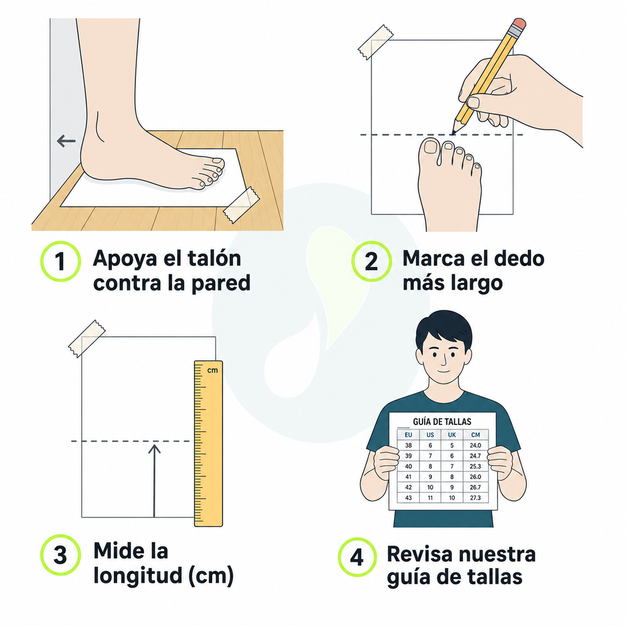 Cómo medir la longitud del pie: apoya el talón contra la pared, marca el dedo más largo, mide la longitud en cm y revisa la guía de tallas